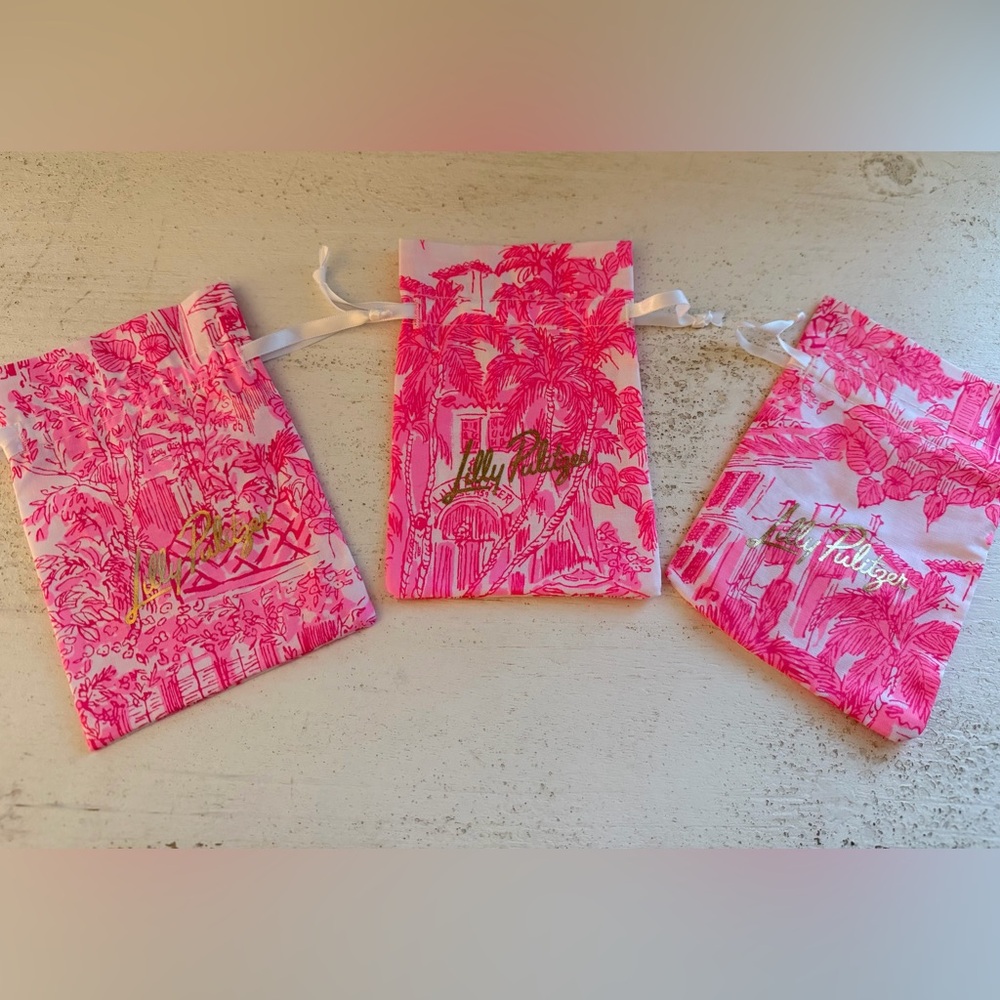 Set of 3 Lilly Pulitzer pink palm beach toile print gold logo drawstring bags